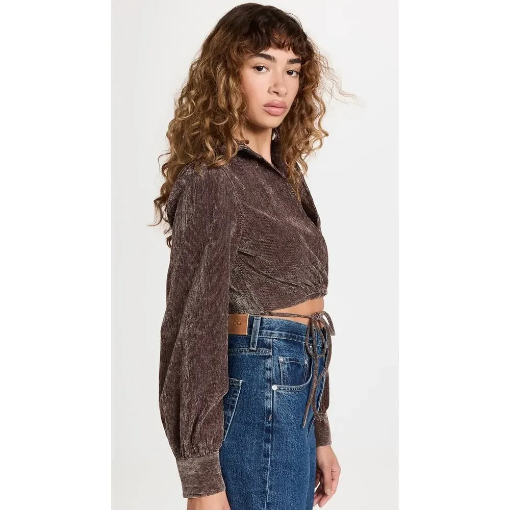 En Saison Route Wrap Brown Corduroy Wrap V-Neck Long Sleeve Crop Blouse Small